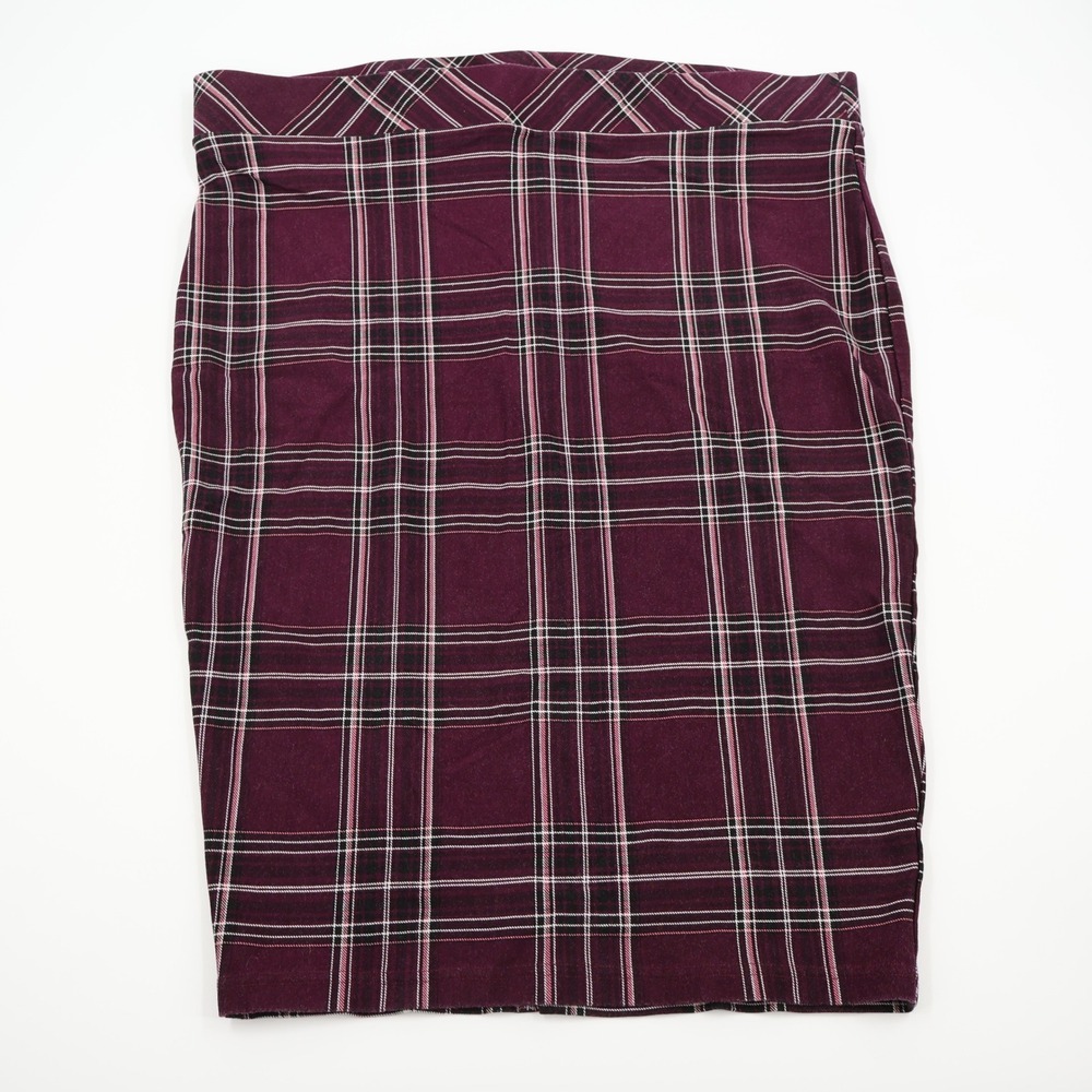 Torrid Pencil Skirt Womens Plus 2 Burgundy Plaid High Waist Stretch Knee Length